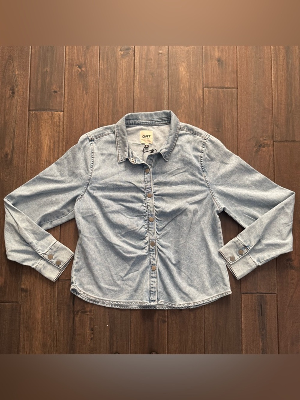 OAT New York Light Wash Ruched Denim Button Down Shirt Size XL NWT
